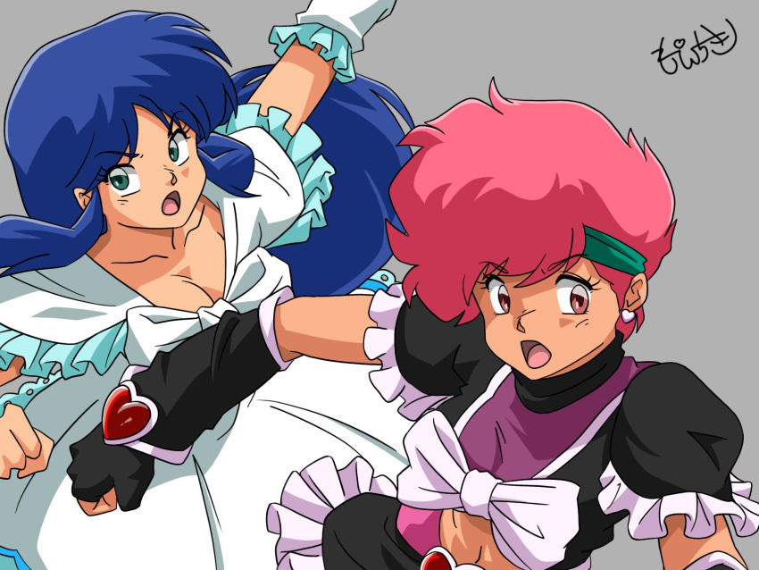 2girls arm_warmers blue_hair bow breasts brooch brown_eyes cleavage collarbone commentary cosplay cure_black cure_black_(cosplay) cure_white cure_white_(cosplay) dark-skinned_female dark_skin dirty_pair dress earrings fingerless_gloves frills futari_wa_precure gloves green_eyes green_headband grey_background headband heart_brooch highres jewelry kei_(dirty_pair) large_breasts long_hair looking_at_viewer magical_girl midriff moechiki multiple_girls open_mouth precure puffy_short_sleeves puffy_sleeves red_hair short_hair short_sleeves sidelocks signature tan white_dress yuri_(dirty_pair)