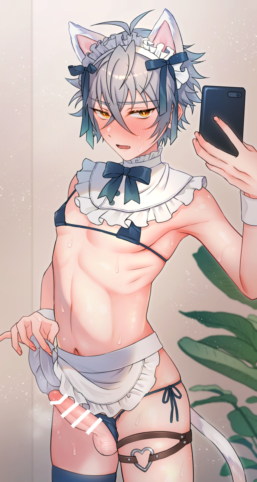 1boy animal_ears antenna_hair apron apron_lift bangs bar_censor bikini blush bow cat_ears cat_tail cellphone censored crossdressing crossed_bangs ear_focus ensemble_stars! grey_hair highres holding holding_phone maid_bikini maid_headdress male_focus micro_bikini navel onatsu_(1m2k2n1) oogami_koga open_mouth penis phone ribbon smartphone solo standing swimsuit tail testicles yellow_eyes