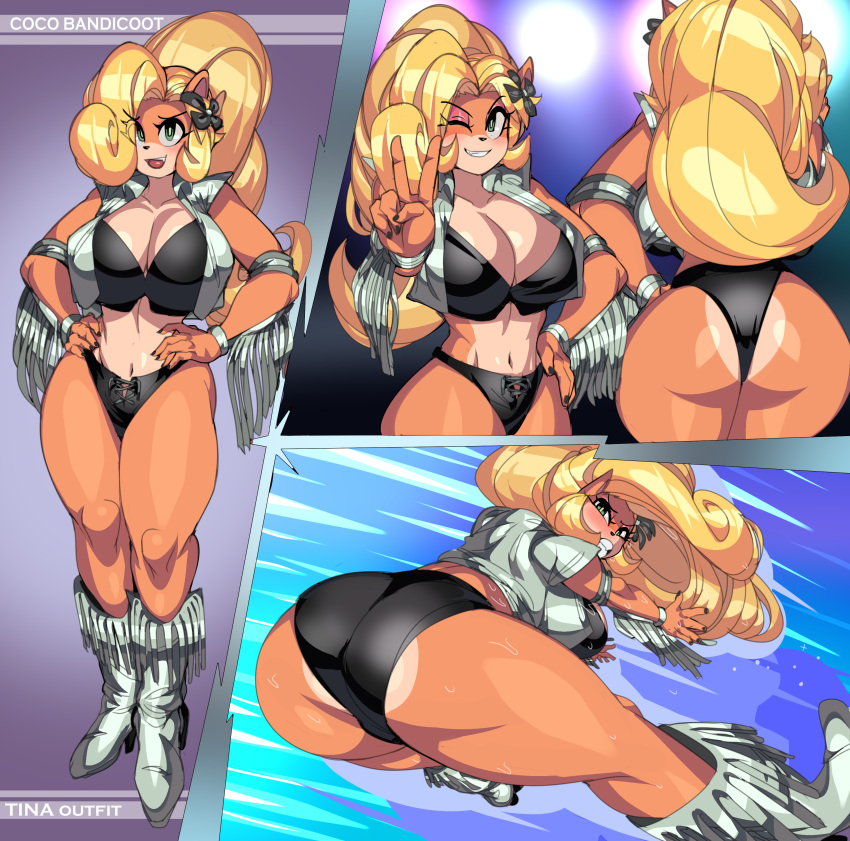 2022 5_fingers absurd_res activision anthro bandicoot black_clothing black_nails black_underwear blonde_hair boots breasts butt captainkirb cleavage clothed clothing coco_bandicoot colored_nails cosplay crash_bandicoot_(series) crossover crossover_cosplay dead_or_alive_(series) eyelashes female fingers footwear front_view gesture green_eyes hair hands_on_hips hi_res long_hair mammal marsupial nails one_eye_closed rear_view smile solo tina_armstrong underwear v_sign video_games wink