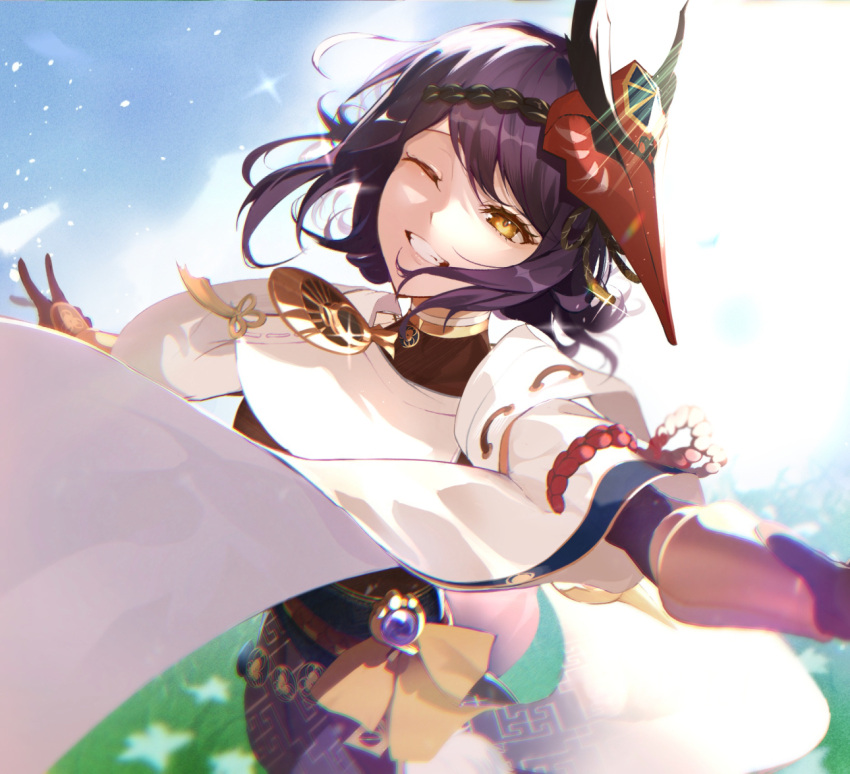 1girl ;d bangs bird_mask black_gloves blue_sky breast_curtain cloud commentary flower from_above genshin_impact glint gloves grass grin happy kujou_sara looking_at_viewer looking_up mask mask_on_head okura_shito one_eye_closed outdoors outstretched_arms purple_hair short_hair sky smile solo sparkle spread_arms swept_bangs tassel turtleneck upper_body vambraces white_flower wide_sleeves yellow_eyes