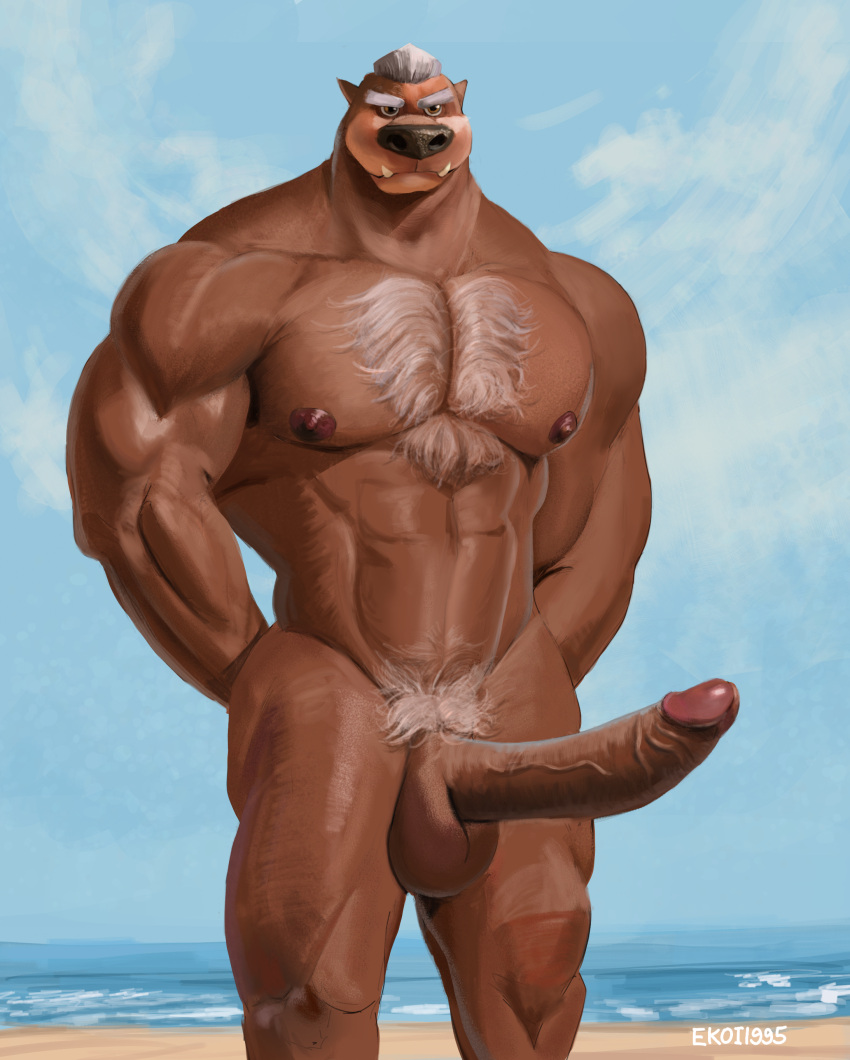 absurd_res anthro beach big_penis body_hair chest_hair ekoi1995 genitals hi_res male mr._mcmahon muscular nipples penis pubes seaside solo surf's_up