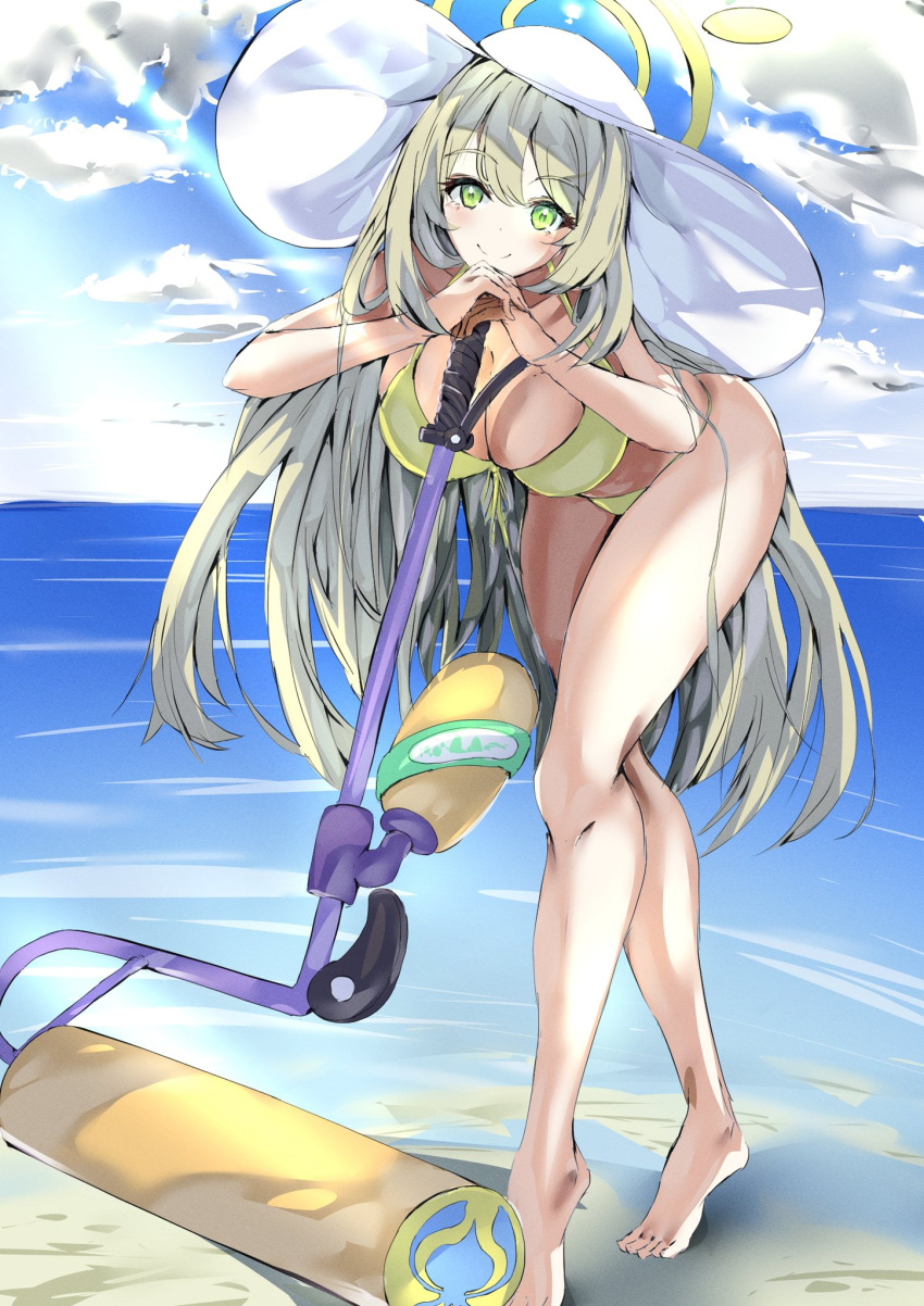 1girl bangs barefoot beach bikini blue_archive blue_sky breasts day flingza_roller_(splatoon) flower front-tie_bikini front-tie_top green_eyes halo hat hat_flower highres honehone_(xsnk8483) horizon large_breasts light_brown_hair looking_at_viewer nonomi_(blue_archive) nonomi_(swimsuit)_(blue_archive) ocean outdoors sand side-tie_bikini sky smile solo splatoon_(series) splatoon_2 sun_hat swept_bangs swimsuit white_headwear yellow_bikini