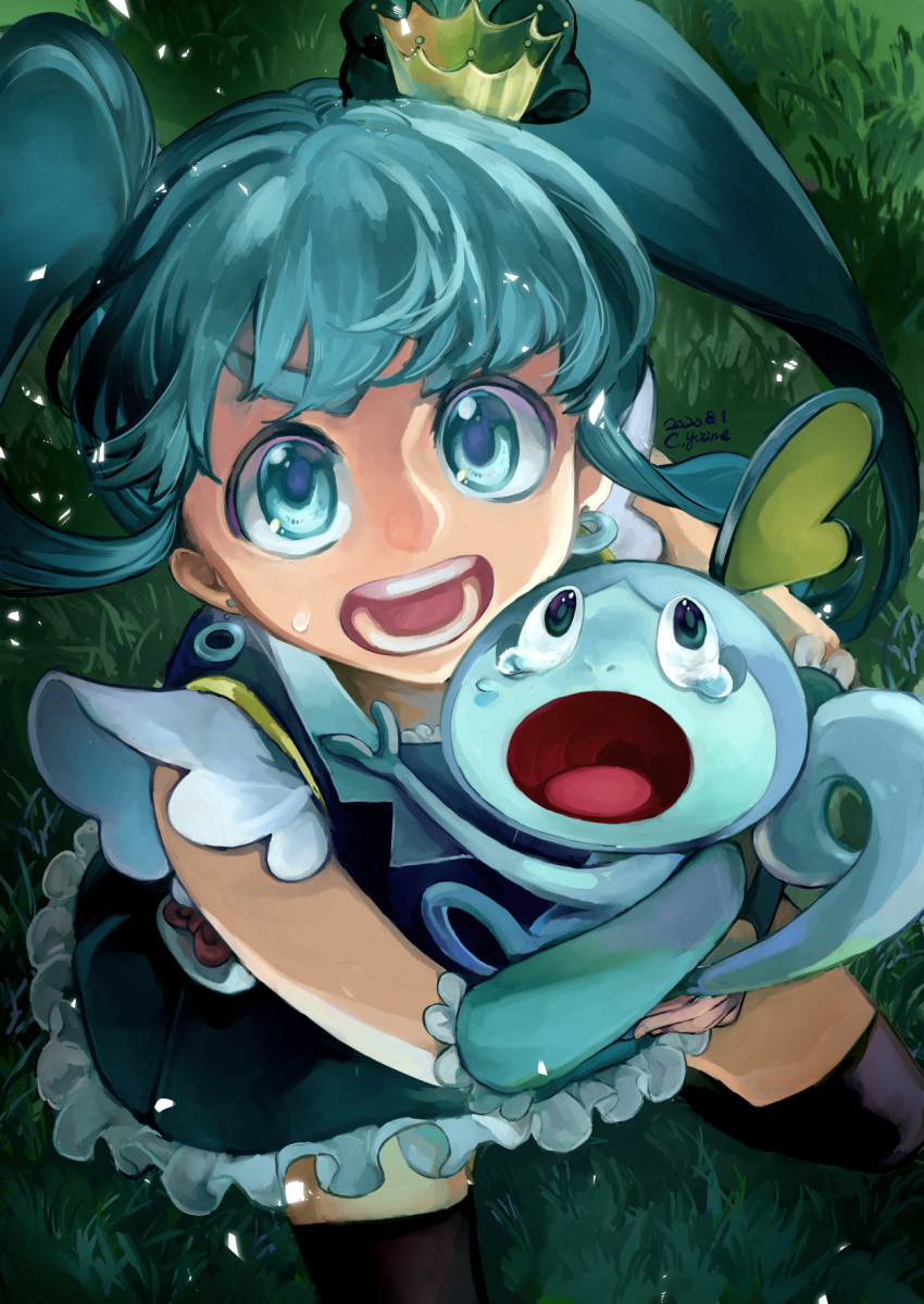 1girl black_skirt black_thighhighs blue_hair brooch cowboy_shot crown cure_princess frilled_skirt frills grass happinesscharge_precure! highres holding holding_pokemon jewelry magical_girl mini_crown open_mouth outdoors pokemon pokemon_(creature) pokemon_(game) pokemon_swsh pouch precure shirayuki_hime skirt sobble thighhighs twintails vest wing_brooch wing_earrings yorimi_chiaki