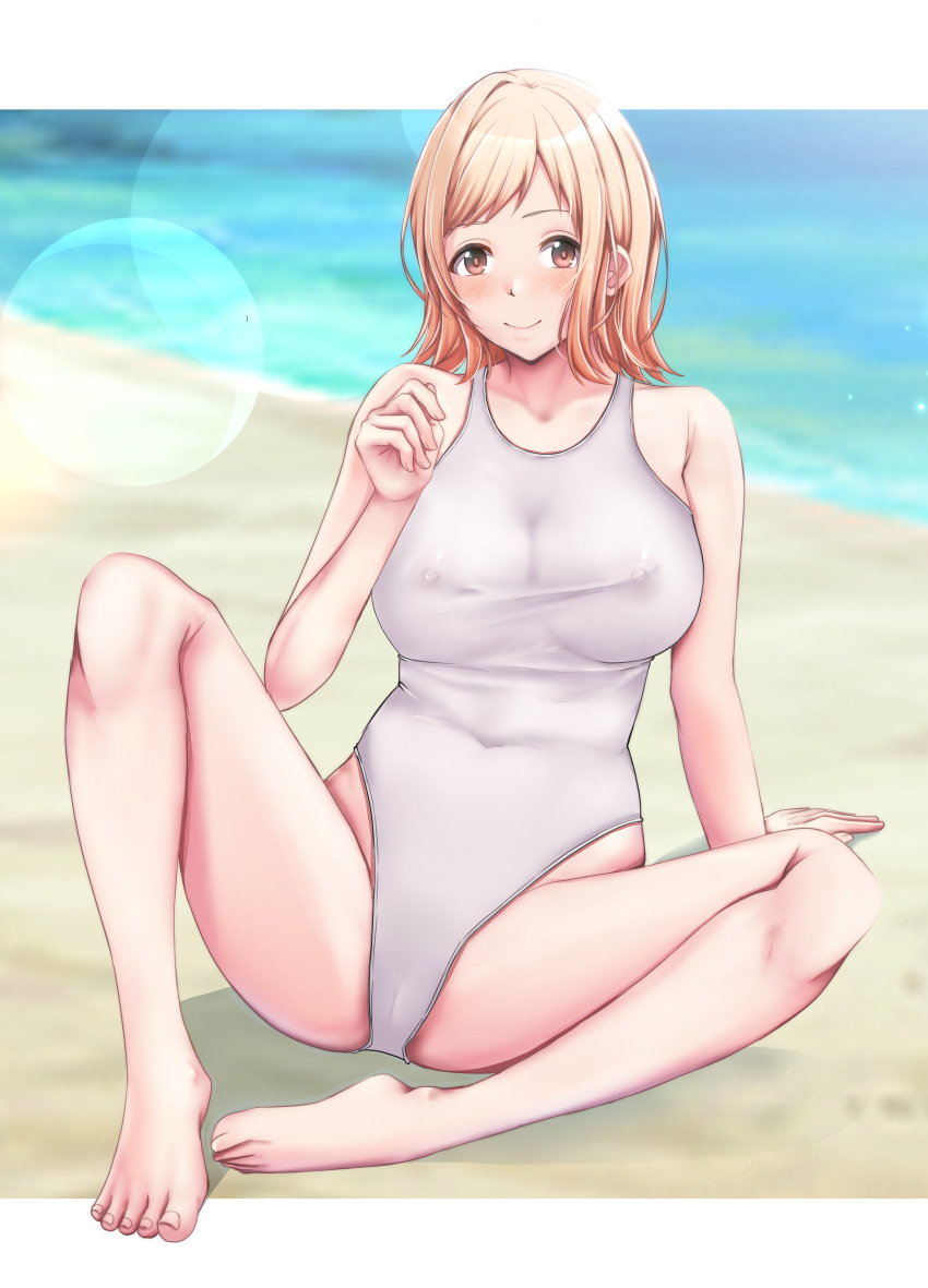 1girl absurdres barefoot breasts brown_eyes commentary_request competition_swimsuit covered_navel highres idolmaster idolmaster_shiny_colors lens_flare medium_breasts nipples ocean one-piece_swimsuit orange_hair sakuragi_mano see-through shohei_(piranha5hk) short_hair sitting solo spread_legs swimsuit white_swimsuit
