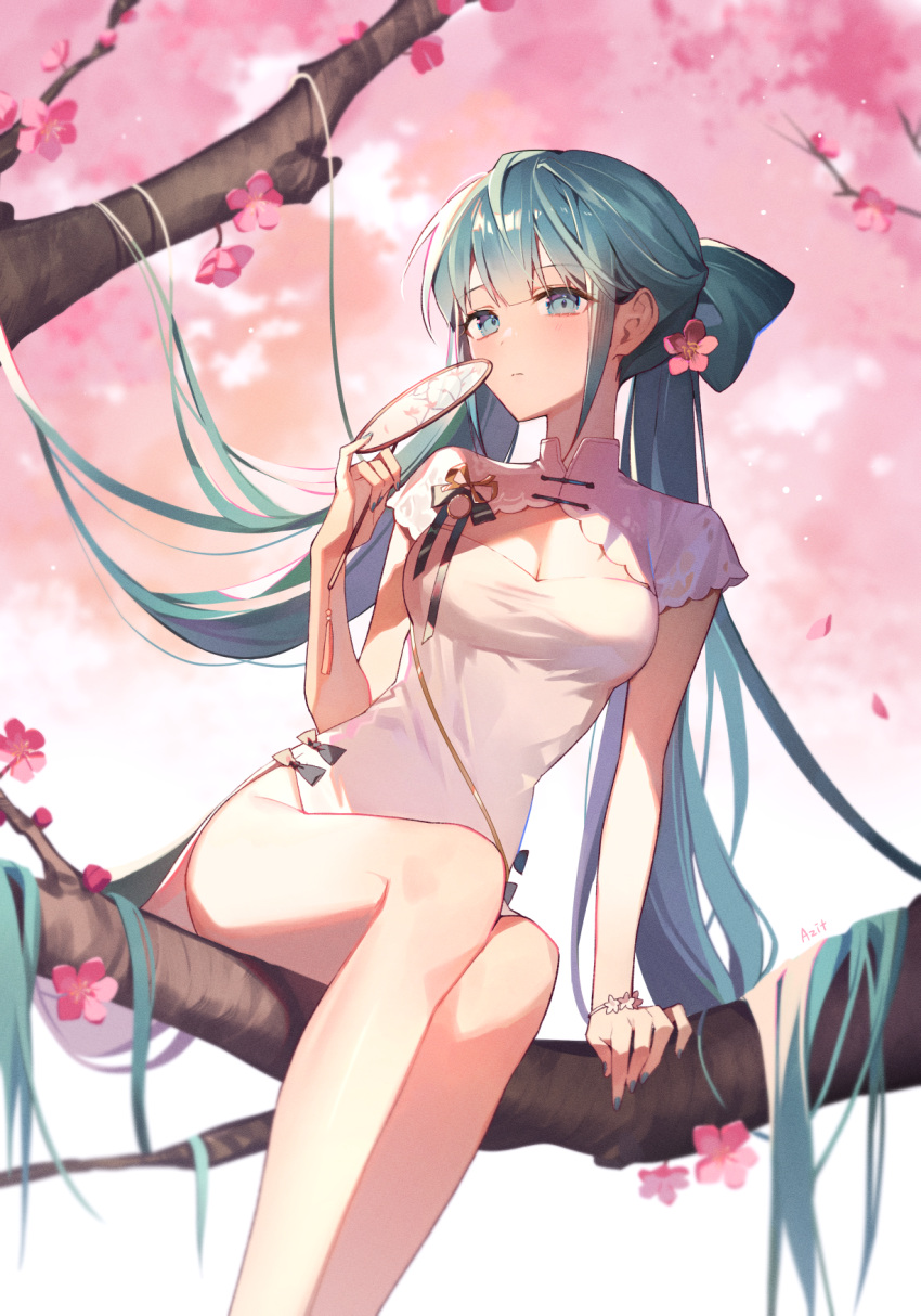 1girl arm_support azit_(down) bangs blue_eyes branch breasts china_dress chinese_clothes cleavage cleavage_cutout closed_mouth clothing_cutout commentary dress feet_out_of_frame flower green_hair hair_flower hair_ornament hand_up hatsune_miku highres holding in_tree long_hair medium_breasts pink_flower shaohua_hatsune_miku short_sleeves solo tree very_long_hair vocaloid white_dress
