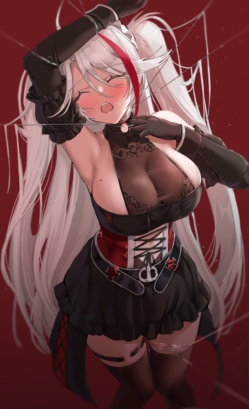 1girl arm_up armpits azur_lane bangs black_gloves black_thighhighs blush breasts cleavage closed_eyes elbow_gloves gloves grey_hair hair_between_eyes highres large_breasts long_hair marumai mole mole_on_breast multicolored_hair official_alternate_costume open_mouth prinz_eugen_(azur_lane) prinz_eugen_(kindred_evening_spirits)_(azur_lane) red_background red_hair restrained sideboob simple_background streaked_hair thighhighs twintails