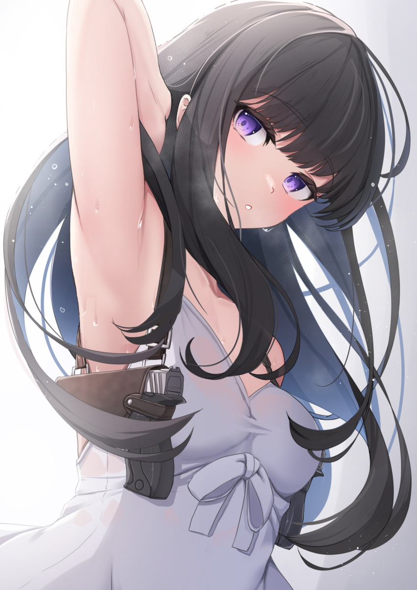 1girl armpits bangs bare_shoulders black_hair blush breasts commentary_request dress gradient gradient_background grey_background gun handgun highres holster holstered_weapon inoue_takina long_hair looking_at_viewer lycoris_recoil parted_lips purple_eyes shoulder_holster sleeveless sleeveless_dress small_breasts solo sweat tatapopo thick_eyebrows very_long_hair weapon white_background white_dress