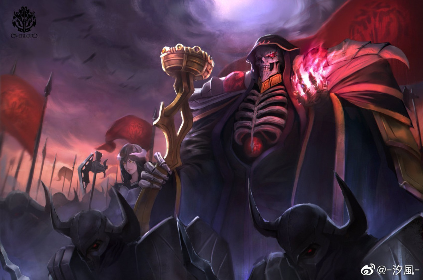 1boy 1girl ainz_ooal_gown albedo_(overlord) army battle black_hair chinese_commentary curled_horns death_knight_(overlord) fake_horns feet_out_of_frame flag from_below glowing glowing_eye helmet highres holding holding_staff hood hood_up horned_helmet horns hyxifeng long_hair magic magician male_focus overlord_(maruyama) red_eyes red_flag serious skeleton skull staff