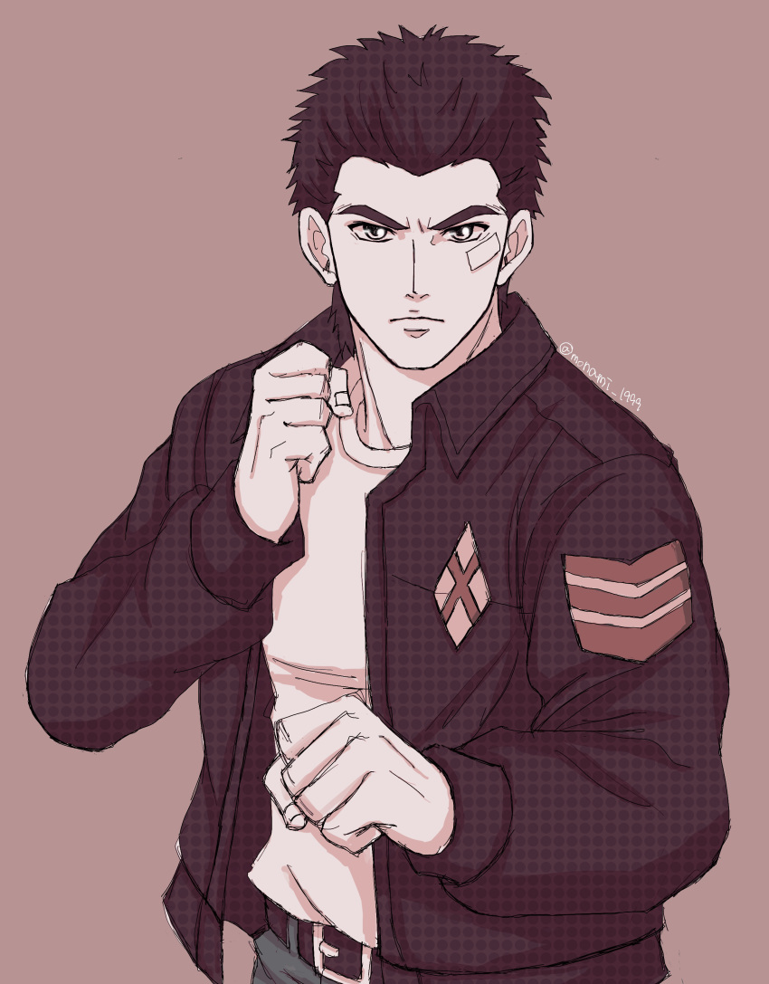 1boy absurdres bandage_on_face bandages belt belt_buckle black_hair brown_jacket buckle clenched_hands denim fighting_stance hazuki_ryou highres jacket jeans leather leather_jacket looking_at_viewer monami_1999 pants patch serious shenmue shenmue_the_animation shirt signature simple_background sketch solo spiked_hair t-shirt white_shirt