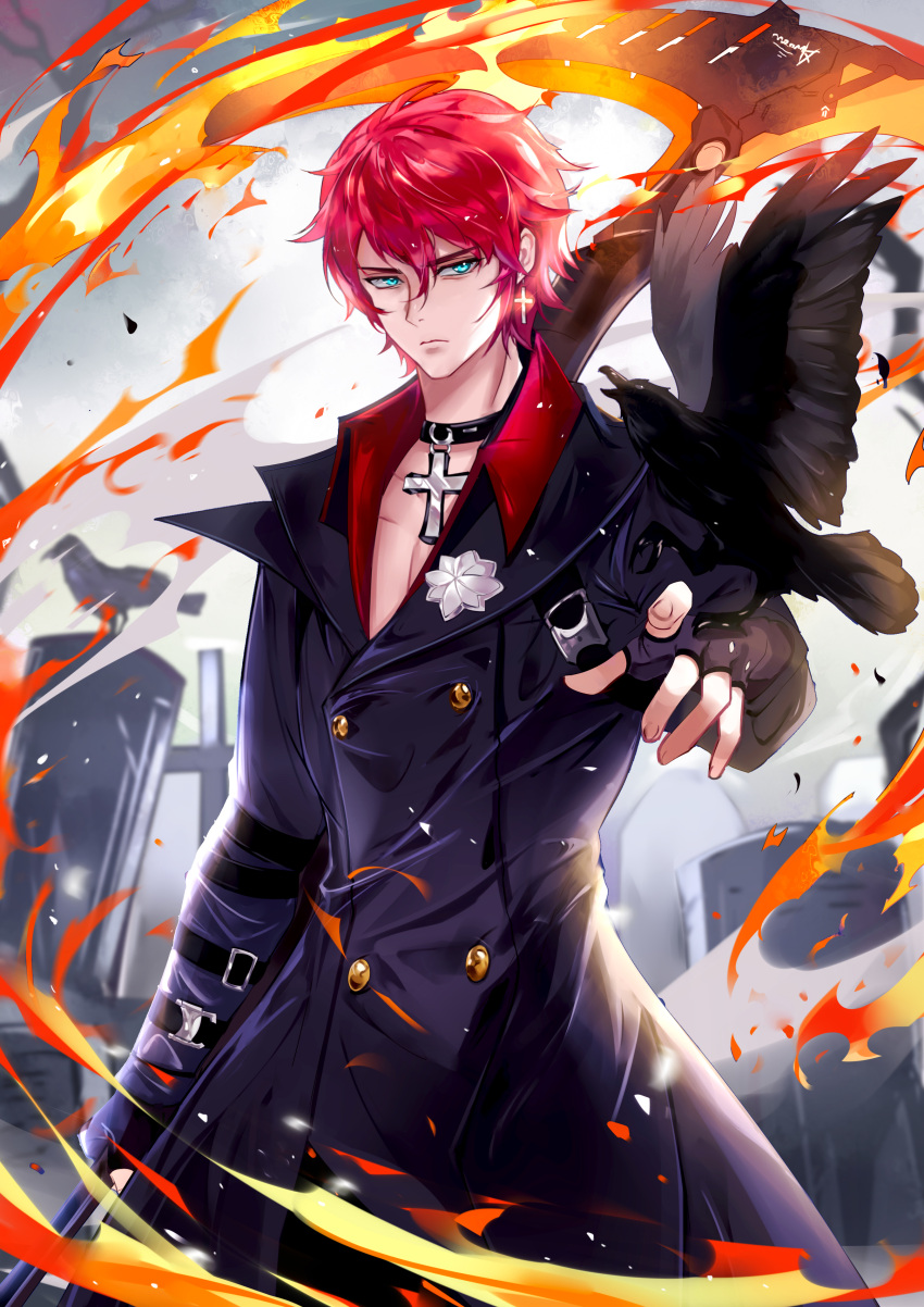 1boy absurdres bird blue_eyes choker coat collared_shirt cross crow fire highres king_(tower_of_fantasy) long_sleeves looking_at_viewer male_focus official_art red_hair shirt short_hair solo tower_of_fantasy vardan