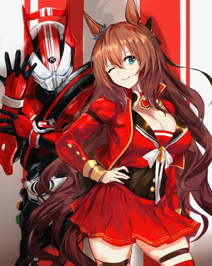 1boy 1girl absurdres achillodos blue_eyes breasts brown_hair cleavage color_connection dress hand_on_hip highres horse_girl jacket kamen_rider kamen_rider_drive kamen_rider_drive_(series) large_breasts long_hair maruzensky_(umamusume) one_eye_closed red_dress red_jacket rider_belt smile thigh_strap trait_connection umamusume