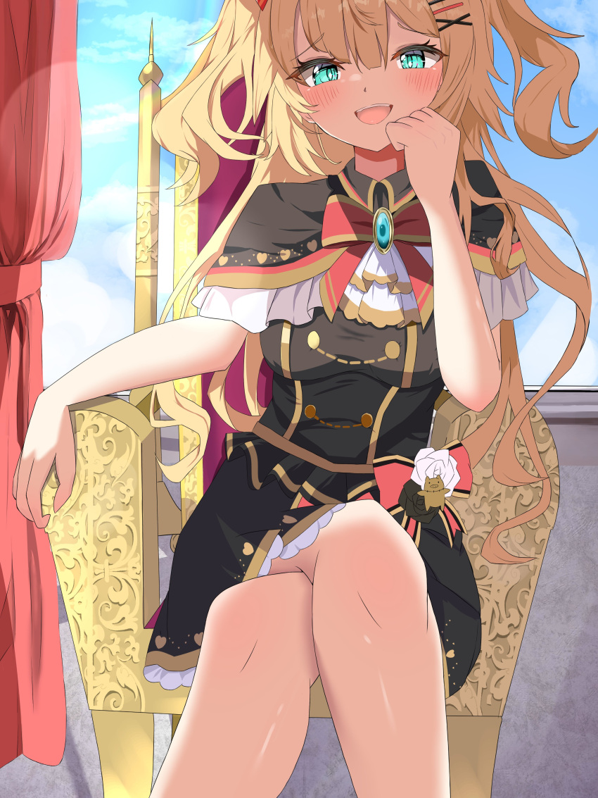 1girl absurdres akai_haato black_dress blonde_hair blue_eyes blue_sky blush breasts chair commentary dress gabti_fn gothic_lolita hair_ornament hand_on_own_chin heart heart_hair_ornament highres hololive large_breasts lolita_fashion long_hair looking_at_viewer open_mouth red_curtains sky twintails virtual_youtuber window x_hair_ornament