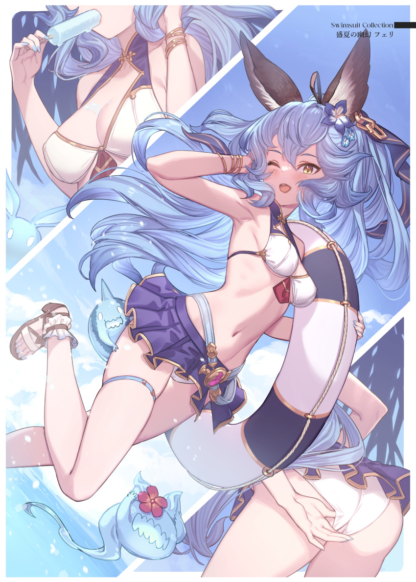 1girl absurdres adjusting_clothes adjusting_swimsuit animal_ears armpits ass bangs beppo_(granblue_fantasy) bikini bikini_skirt blue_hair blush bracelet breasts brown_eyes day erune ferry_(granblue_fantasy) ferry_(summer)_(granblue_fantasy) flower food fugee_(granblue_fantasy) granblue_fantasy hair_flower hair_ornament highres holding holding_food innertube jewelry leg_up long_hair looking_at_viewer medium_breasts navel one_eye_closed open_mouth outdoors popsicle sandals simple_background skirt smile solo stomach swimsuit thigh_strap thighs toeless_footwear yellowpaint.