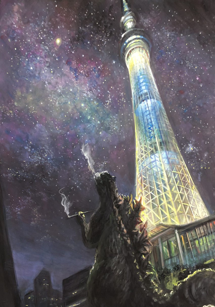 1boy absurdres building city cityscape commentary_request from_behind g.n.a giant glowing godzilla godzilla_(series) highres holding holding_smoking_pipe kaijuu landmark monster monsterverse night night_sky no_humans real_world_location scenery sky skyscraper smoke smoking smoking_pipe solo standing star_(sky) starry_sky tail tokyo_sky_tree tower