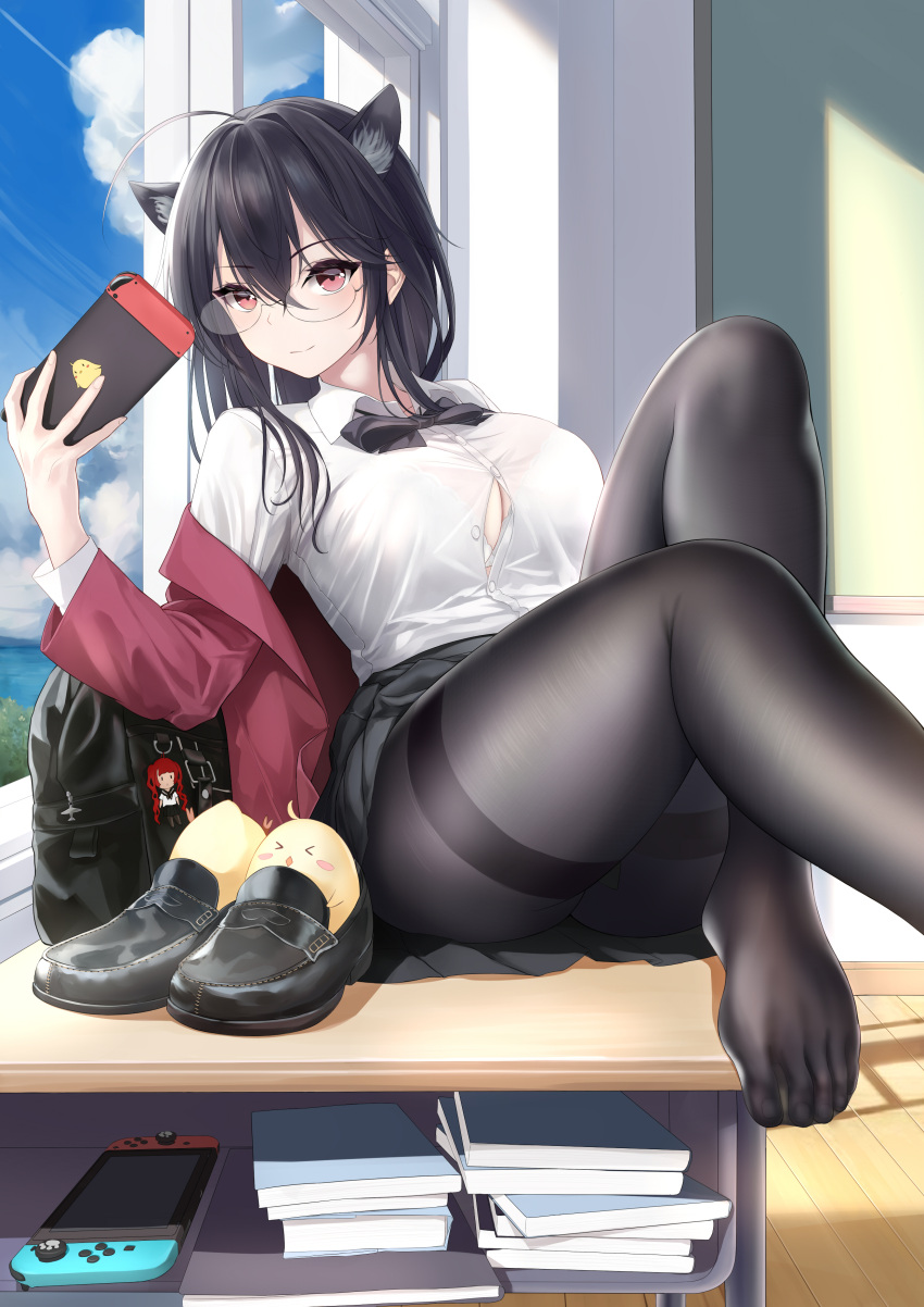 1girl absurdres ahoge animal_ear_fluff animal_ears azur_lane bag bangs black_bag black_bow black_bowtie black_footwear black_hair black_pantyhose black_skirt blue_sky book book_stack bow bowtie bra bra_peek bra_visible_through_clothes breasts button_gap cat_ears classroom closed_mouth cloud collared_shirt crossed_bangs day desk foot_out_of_frame glasses hair_between_eyes handheld_game_console highres holding holding_handheld_game_console huge_ahoge indoors jacket knee_up large_breasts leaning_back leg_up loafers long_hair long_sleeves looking_at_object manjuu_(azur_lane) miniskirt off_shoulder official_alternate_costume on_desk open_clothes open_jacket pantyhose pleated_skirt red_eyes red_jacket rimless_eyewear round_eyewear school_bag school_uniform see-through see-through_legwear see-through_shirt shigatsu_(4gate) shirt shirt_tucked_in shoes shoes_removed sidelocks sitting skirt sky smile solo sunlight taihou_(azur_lane) taihou_(sweet_time_after_school)_(azur_lane) taut_clothes taut_shirt thighs underwear white_bra window