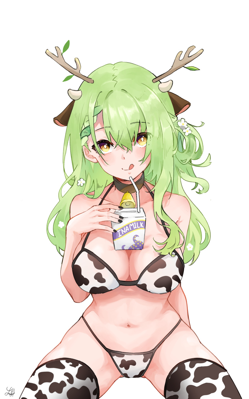 1girl :q absurdres animal_ears animal_print antlers bell bikini black_nails braid breasts ceres_fauna cleavage cow_ears cow_horns cow_print drinking_straw flower french_braid green_hair hair_flower hair_ornament highres hololive hololive_english horns juice_box large_breasts long_hair lucferz midriff nail_polish navel neck_bell simple_background solo swimsuit thighhighs tongue tongue_out virtual_youtuber white_background yellow_eyes zettai_ryouiki