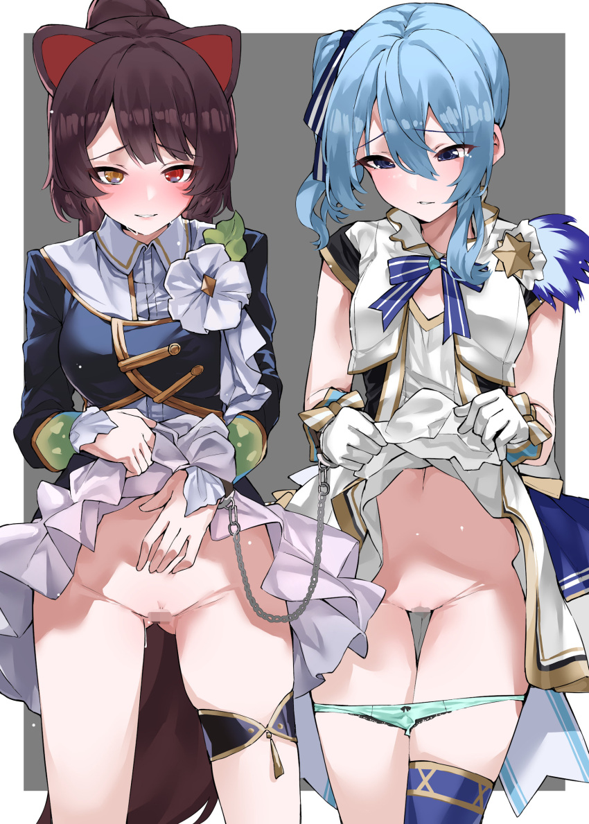 2girls absurdres animal_ears bangs black_jacket blue_bow blue_bowtie blue_eyes blue_hair blue_panties blush bow bow_panties bowtie brown_hair censored chain clothes_lift commission cowboy_shot cropped_jacket cuffs dog_ears dog_girl dog_tail flower gloves hair_between_eyes hand_on_own_stomach handcuffs heterochromia highres hololive hoshimachi_suisei idol inui_toko jacket lifted_by_self light_smile long_hair long_sleeves looking_at_viewer mosaic_censoring multiple_girls navel nijisanji no_panties nose_blush official_alternate_costume overflow panties panty_pull parted_lips presenting pussy red_eyes shirt side_ponytail single_thighhigh skeb_commission skirt skirt_lift standing tail thigh_strap thighhighs underwear vest virtual_youtuber white_flower white_gloves white_shirt white_vest yellow_eyes yuukauta