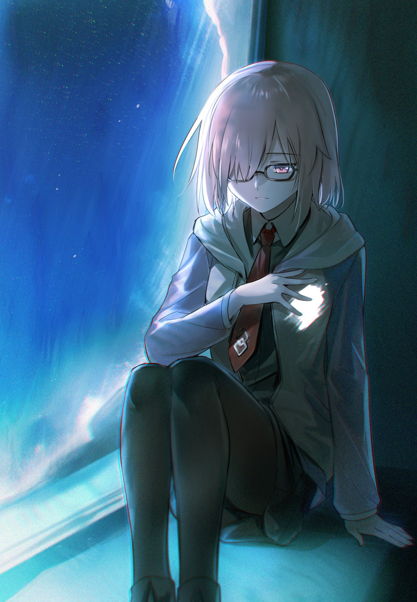 1girl aki_(neyuki41028) black-framed_eyewear black_dress black_pantyhose collared_dress commentary_request dress fate/grand_order fate_(series) glasses grey_jacket hair_over_one_eye hand_on_own_chest highres hood hood_down hooded_jacket indoors jacket long_sleeves mash_kyrielight multicolored_clothes multicolored_jacket necktie one_eye_covered open_clothes open_jacket pantyhose pink_eyes pink_hair red_necktie short_hair sitting solo two-tone_jacket white_jacket window