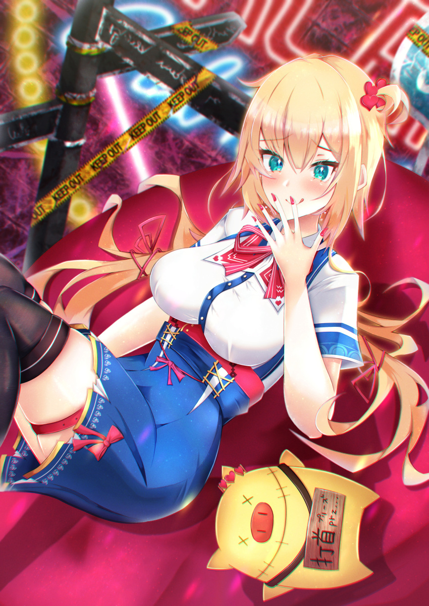 1girl akai_haato aqua_eyes belt black_thighhighs blonde_hair blue_skirt blush breasts caution_tape collar collared_shirt commentary couch haaton_(akai_haato) hair_ribbon high-waist_skirt highres hololive keep_out large_breasts licking_lips long_hair looking_at_viewer miniskirt nail_polish neck_ribbon rabbi red_nails red_ribbon ribbon shirt short_sleeves skirt smile thigh_belt thigh_strap thighhighs tongue tongue_out twintails underbust very_long_hair virtual_youtuber white_collar white_shirt zettai_ryouiki