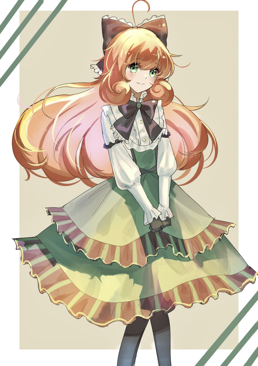1girl absurdres ahoge alternate_hair_length alternate_hairstyle android blush border bow dress frilled_bow frilled_dress frilled_sleeves frills gloves green_eyes highres joints long_hair looking_at_viewer orange_hair outside_border penny_polendina power_symbol ribbon rwby skirt smile spoilers tan_background thighhighs tl_(xdd) white_border