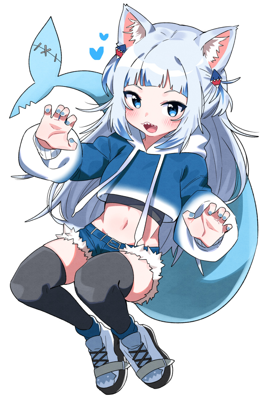 1girl black_thighhighs blue_eyes blue_hair blue_hoodie blue_nails blue_shorts blush claw_pose commentary crop_top cutoffs eyebrows_hidden_by_hair fish_tail full_body gawr_gura grey_hair hair_ornament highres hololive hololive_english hood hood_down hoodie long_hair long_sleeves looking_at_viewer midriff multicolored_hair nail_polish navel open_mouth puffy_long_sleeves puffy_sleeves shark_tail sharp_teeth shoes short_shorts shorts simple_background solo streaked_hair symbol-only_commentary tail teeth thighhighs tosyeo two_side_up very_long_hair virtual_youtuber white_background white_footwear