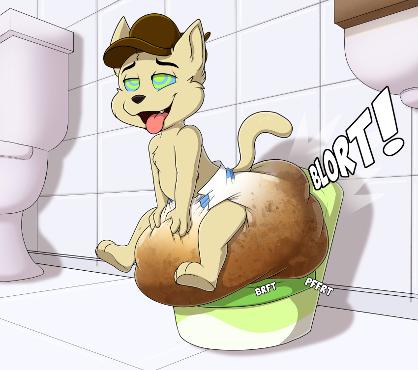 absurd_res anthro baltnwolf_(artist) bathroom bodily_fluids clothing diaper domestic_cat feces felid feline felis floor fur genital_fluids hat headgear headwear hi_res hypnosis hypnotic_eyes male_(lore) mammal messing messing_diaper messy_diaper mind_control onomatopoeia open_mouth peeing pooping potty potty_chair potty_training raised_tail relieved sink sitting sitting_on_toilet smile soiled_diaper soiling soiling_diaper sound_effects text tile tile_floor tile_wall tiled_background toilet tongue tongue_out touching_diaper urine wall_(structure) wet_diaper wetting wetting_diaper yellow_body yellow_fur