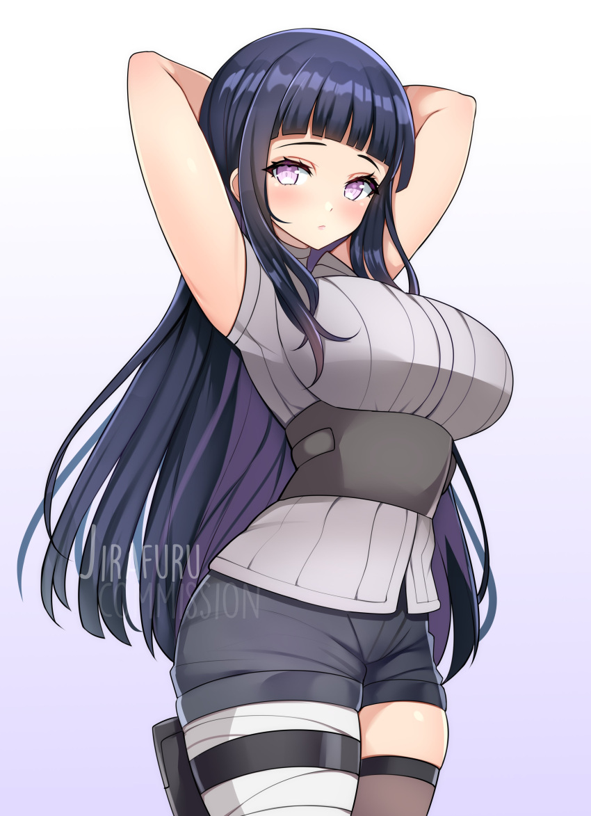 1girl absurdres arms_behind_head artist_name asymmetrical_legwear bandaged_leg bandages bangs bare_arms black_hair black_shorts blunt_bangs blush breasts cowboy_shot gradient gradient_background grey_shirt highres hime_cut hyuuga_hinata jirafuru large_breasts long_hair looking_at_viewer naruto_(series) purple_background purple_eyes shirt shorts sidelocks sleeveless sleeveless_shirt solo thigh_strap thighhighs