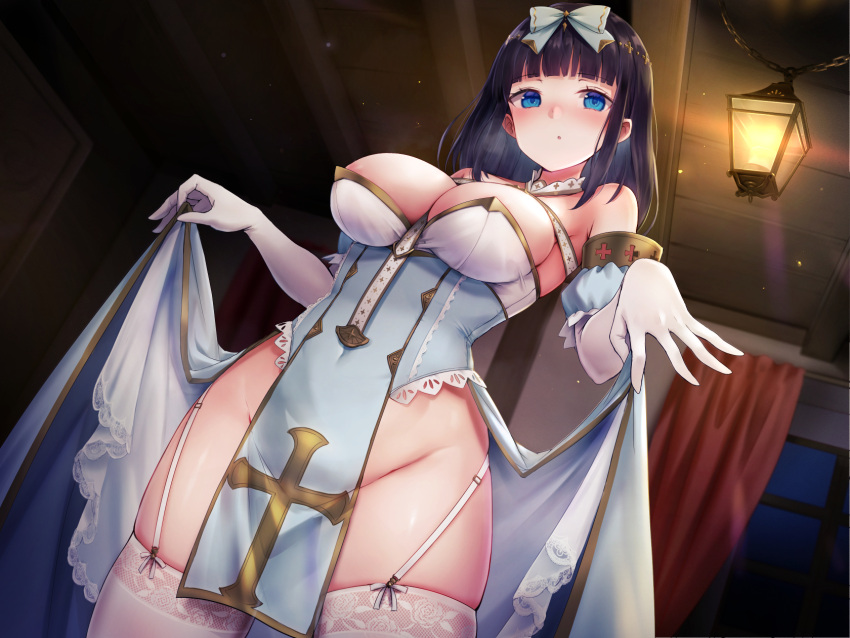 1girl :o asmr bangs between_breasts black_hair blue_dress blue_eyes blunt_bangs blush bow breasts cleavage clothes_lift cross_print curtains detached_collar dress dress_lift dutch_angle elbow_gloves garter_straps gloves hair_bow hanging_lantern highres indoors kai_(ootamuno12) lace-trimmed_legwear lace_trim large_breasts looking_at_viewer looking_down original pelvic_curtain solo thighhighs two-tone_dress white_bow white_dress white_gloves white_thighhighs window wooden_ceiling