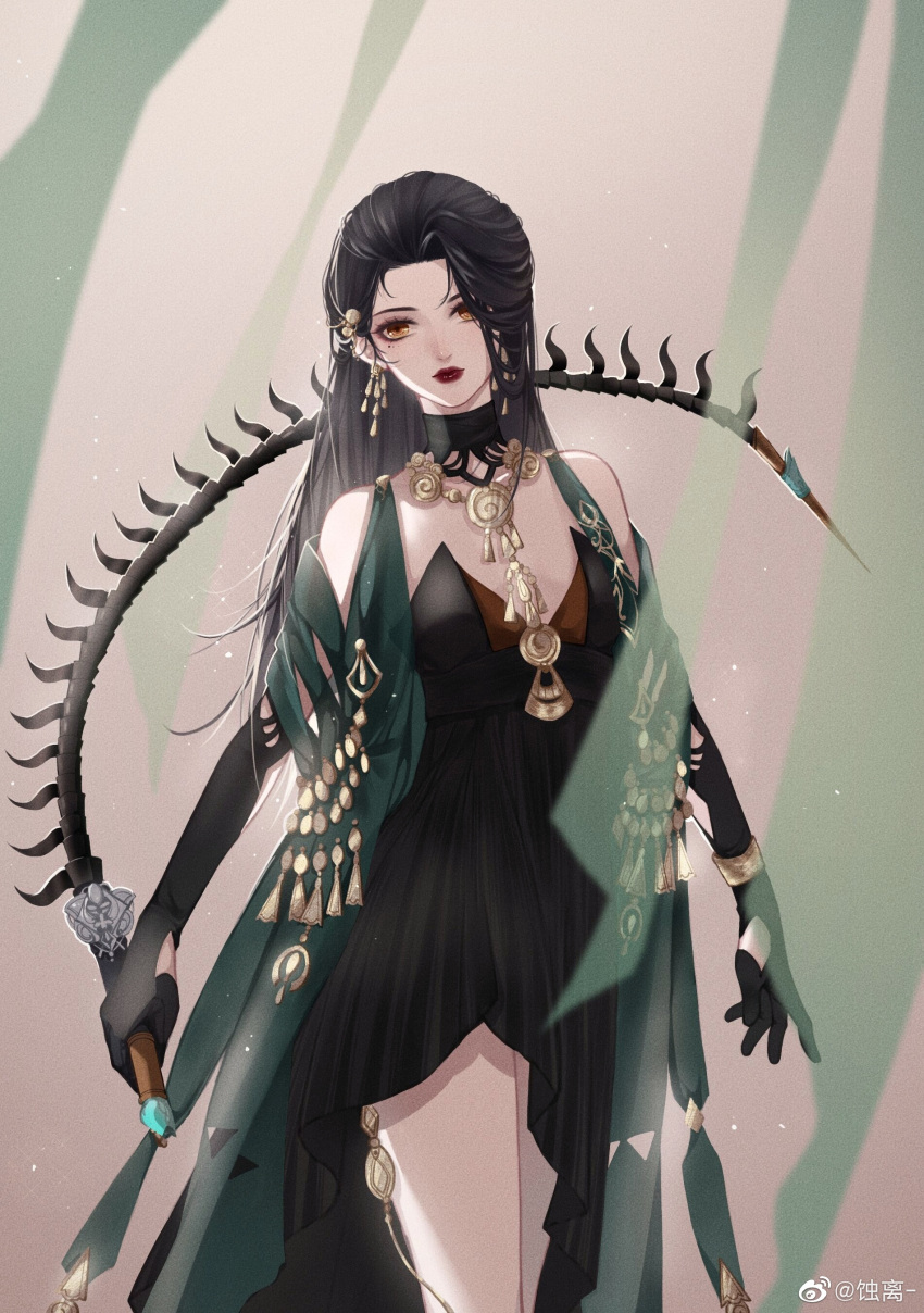 1girl absurdres bare_legs black_dress black_gloves black_hair character_request closed_mouth detached_collar detached_sleeves dress earrings gloves hair_ornament hair_over_one_eye highres jewelry long_hair necklace reverse_grip shi_li solo upper_body whip yi_meng_jianghu