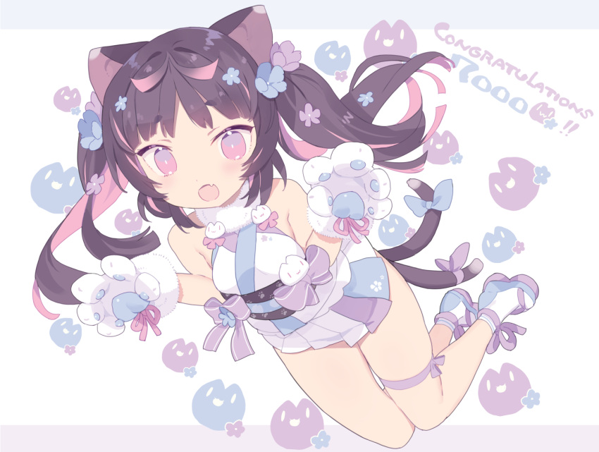 1girl :d animal_ears animal_hands bare_shoulders black_hair blade_(galaxist) blue_flower breasts cat_ears cat_girl cat_tail commentary_request congratulations fang flower full_body fur-trimmed_gloves fur_trim gloves hair_flower hair_ornament long_hair looking_at_viewer milestone_celebration multicolored_hair multiple_tails nekoyama_nae paw_gloves pink_hair pleated_skirt purple_flower red_eyes shoes short_eyebrows skirt small_breasts smile socks solo tail thick_eyebrows toranoana twintails two-tone_hair two_tails virtual_youtuber white_footwear white_gloves white_skirt white_socks