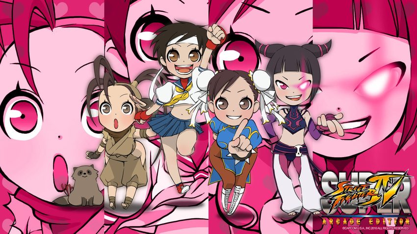 4girls animal bare_legs brown_eyes capcom chibi china_dress chinese_clothes chun-li don_(street_fighter) double_bun dress glowing glowing_eye han_juri highres ibuki ibuki_(street_fighter) jgonzo kasugano_sakura leaning_forward midriff multiple_girls navel official_art pants pantyhose purple_eyes street_fighter street_fighter_iii street_fighter_iv super_street_fighter_iv tanuki wallpaper zoom_layer