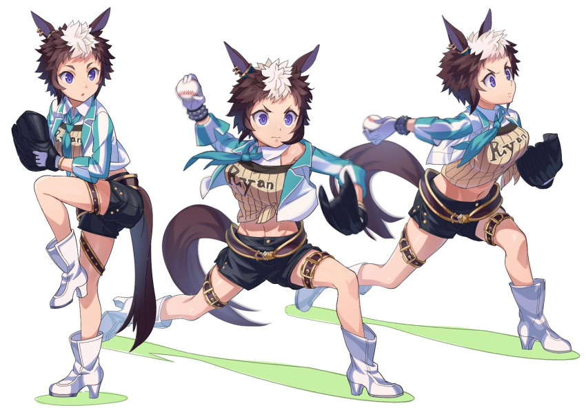 1girl :o animal_ears ball baseball baseball_mitt boots breasts brown_hair brown_shirt closed_mouth green_necktie hand_up high_heel_boots high_heels highres holding holding_ball horse_ears horse_girl horse_tail jacket leg_belt leg_up long_sleeves looking_afar medium_breasts mejiro_mcqueen_(umamusume) midriff motion_blur multicolored_hair multiple_views navel necktie nishiki_kazue open_clothes open_jacket pitching purple_eyes sequential shirt short_hair standing standing_on_one_leg tail throwing tied_shirt two-tone_hair umamusume v-shaped_eyebrows white_footwear white_hair