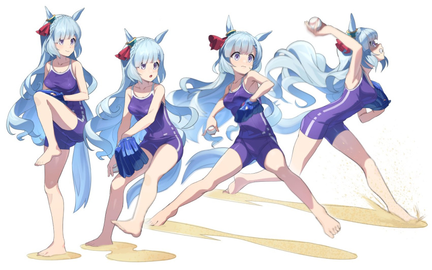 1girl animal_ears arm_up ball bangs bare_legs bare_shoulders barefoot baseball baseball_mitt blue_hair blush braid breasts clenched_teeth closed_mouth crown_braid dot_nose holding holding_ball horse_ears horse_girl horse_tail leg_up long_hair medium_breasts mejiro_ardan_(umamusume) motion_blur multiple_views nishiki_kazue one-piece_swimsuit open_mouth pitching purple_eyes sand school_swimsuit sequential shaded_face standing standing_on_one_leg swimsuit tail teeth throwing umamusume white_background