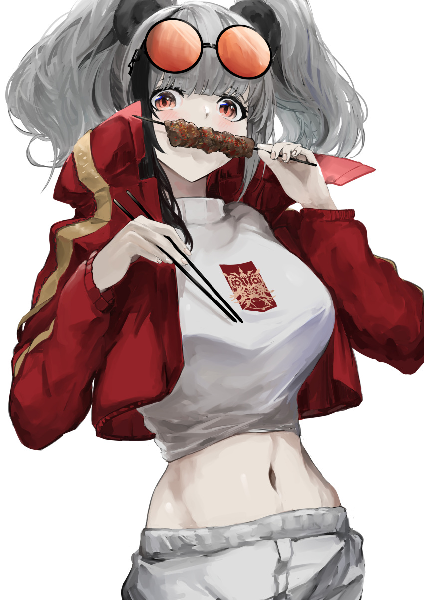 1girl absurdres arknights chopsticks commentary_request crop_top eyewear_on_head feater_(arknights) feater_(gourmet)_(arknights) food grey_hair high_collar highres holding holding_chopsticks holding_food jacket kajuu kebab long_hair long_sleeves looking_at_viewer midriff navel official_alternate_costume open_clothes open_jacket pants partial_commentary red_eyes red_jacket shirt simple_background solo stomach sunglasses twintails upper_body white_background white_pants white_shirt
