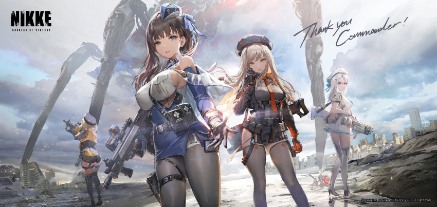4girls absurdres anis_(goddess_of_victory:_nikke) assault_rifle bare_shoulders beret blonde_hair blue_eyes boots breast_pocket breasts brown_eyes brown_hair building cloud cloudy_sky commentary_request cropped_jacket day from_behind full_body garrison_cap glasses gloves goddess_of_victory:_nikke green_eyes gun hat high_heel_boots high_heels highres holding holding_weapon holster jacket large_breasts long_hair long_sleeves looking_at_viewer looking_back marian_(goddess_of_victory:_nikke) medium_breasts messikid military military_uniform multiple_girls necktie neon_(goddess_of_victory:_nikke) official_art open_clothes outdoors pantyhose parted_lips pocket rapi_(goddess_of_victory:_nikke) rifle short_sleeves shorts skirt sky standing tactical_clothes thigh_boots thigh_holster thighhighs thighs trigger_discipline uniform weapon white_hair zettai_ryouiki