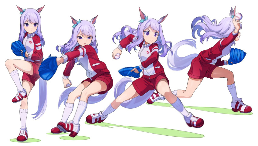 1girl animal_ears ball bangs baseball baseball_mitt breasts ear_bow floating_hair frown highres holding holding_ball horse_ears horse_girl horse_tail jacket leg_up long_hair long_sleeves mejiro_mcqueen_(umamusume) motion_blur multiple_views nishiki_kazue open_mouth pitching purple_eyes purple_hair red_jacket red_shorts sequential shoes shorts small_breasts sneakers socks standing standing_on_one_leg tail throwing track_jacket umamusume white_background white_socks