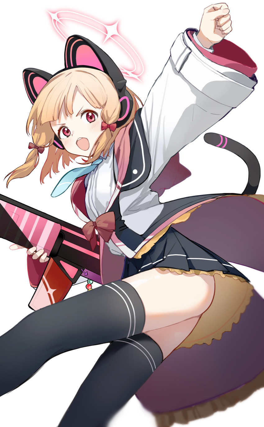 1girl absurdres animal_ear_headphones animal_ears apaapazo arm_up assault_rifle bangs blonde_hair blue_archive blue_necktie bow cat_ear_headphones cat_tail collared_shirt fake_animal_ears gun hair_bow halo headphones highres hood hooded_jacket jacket long_sleeves momoi_(blue_archive) multicolored_clothes multicolored_jacket necktie open_mouth parted_bangs pink_eyes pleated_skirt red_bow red_ribbon ribbon rifle shirt skirt solo suspenders tail thighhighs two-tone_skirt weapon white_jacket white_shirt wide_sleeves