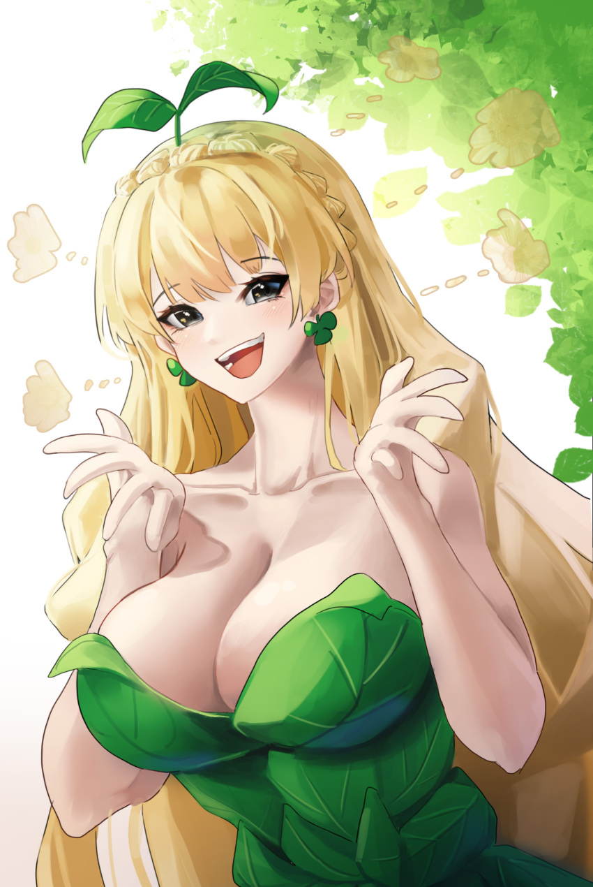 1girl :d absurdres bangs bare_arms bare_shoulders blonde_hair braid breasts cleavage collarbone commentary crown_braid earrings hands_up highres jewelry large_breasts long_hair looking_at_viewer open_mouth original purple_eyes smile solo strapless upper_body uth_95 very_long_hair