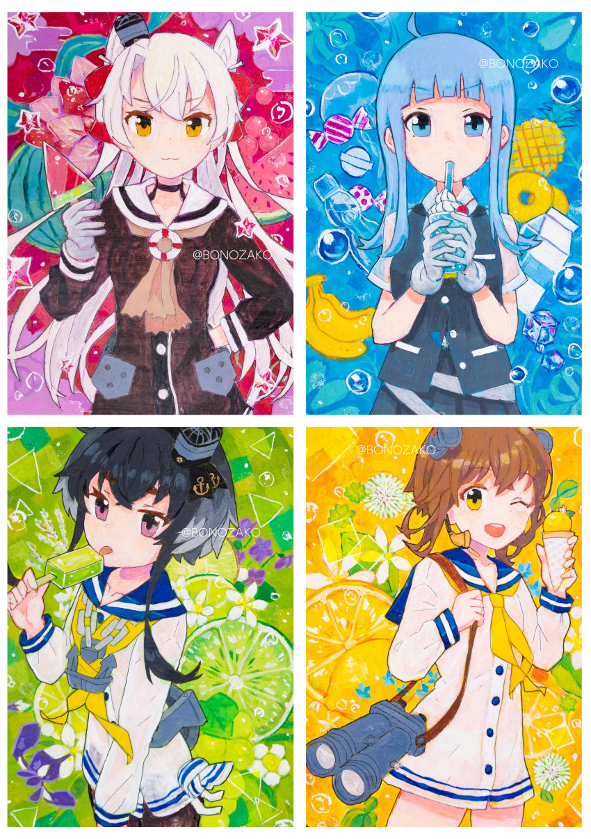 4girls absurdres aqua_eyes aqua_hair banana bangs binoculars black_dress black_hair black_pantyhose black_skirt black_vest blue_sailor_collar blunt_bangs bonozako bottle clover cup dress drinking_straw flower food fruit gloves grapes grey_hair hair_tubes hatsukaze_(kancolle) headgear highres holding holding_cup ice_cream_cone kantai_collection lime_(fruit) long_hair long_sleeves looking_at_viewer milk_carton multicolored_hair multiple_girls neckerchief one_eye_closed orange_(fruit) orange_eyes pantyhose pineapple pleated_skirt popsicle purple_flower ramune sailor_collar sailor_dress school_uniform shimakaze_(kancolle) shirt short_hair short_hair_with_long_locks short_sleeves skirt star_(symbol) tokitsukaze_(kancolle) twitter_username two_side_up vest watermelon watermelon_bar white_dress white_flower white_gloves white_sailor_collar white_shirt yellow_neckerchief yukikaze_(kancolle)