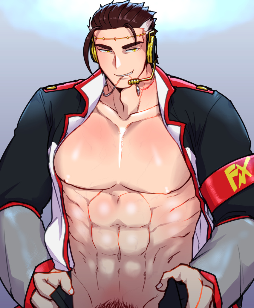 1boy abs armband bara big_al brown_hair headpiece highres jewelry male_focus microphone necklace pectorals vocaloid yellow_eyes