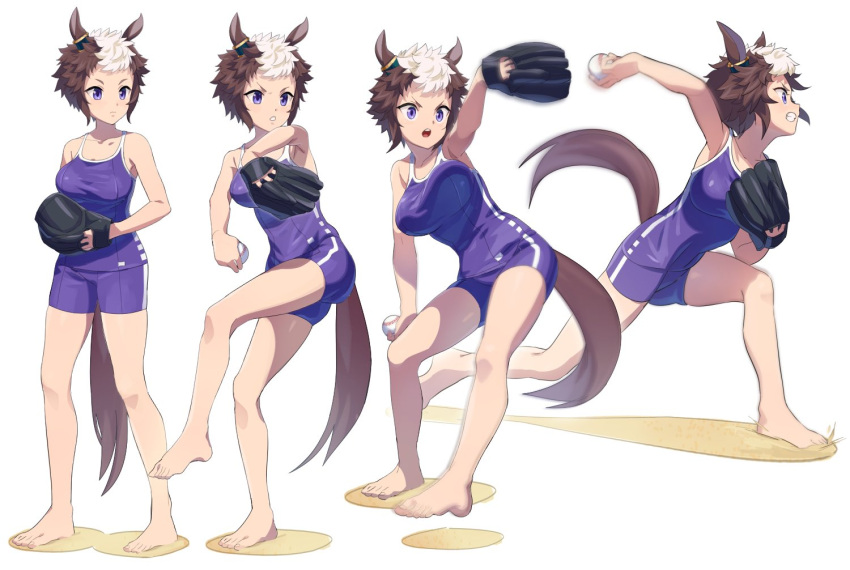 1girl animal_ears arm_up ball bangs bare_shoulders baseball baseball_mitt breasts brown_hair clenched_teeth closed_mouth holding holding_ball horse_ears horse_girl horse_tail medium_breasts mejiro_ryan_(umamusume) motion_blur multicolored_hair multiple_views nishiki_kazue one-piece_swimsuit open_mouth outstretched_arm pitching purple_eyes sand school_swimsuit sequential short_hair standing standing_on_one_leg swimsuit tail teeth throwing two-tone_hair umamusume v-shaped_eyebrows white_background white_hair