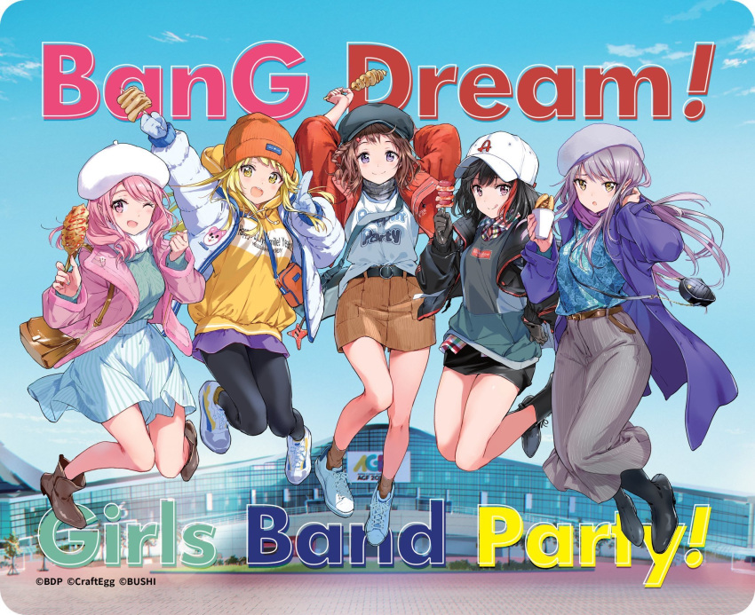 bad_link bang_dream! beanie black_hair blonde_hair copyright_name floating full_body hat highres long_hair maruyama_aya minato_yukina mitake_ran multicolored_hair official_art pink_hair purple_hair shoes sneakers streaked_hair tiv toyama_kasumi tsurumaki_kokoro