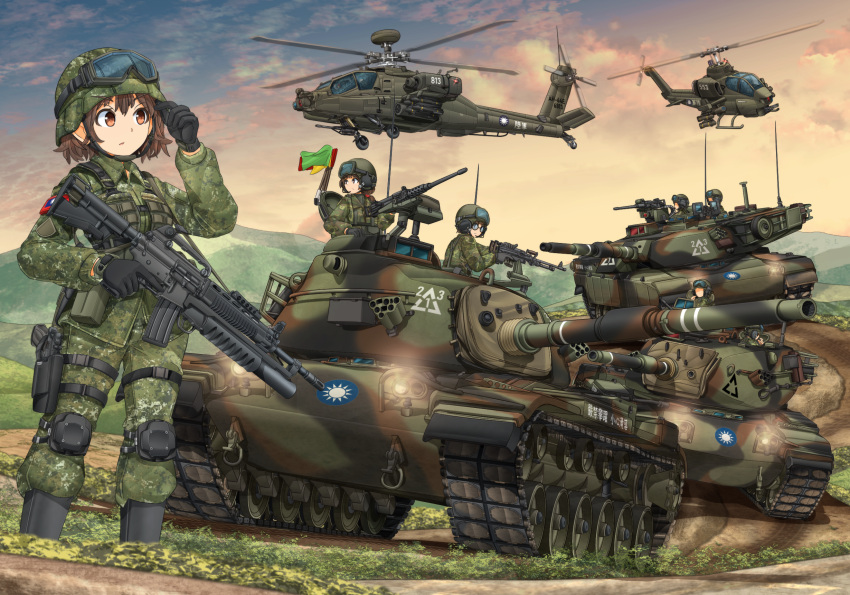 3girls 6+others adjusting_clothes adjusting_headwear ah-1_supercobra ah-64_apache aircraft ar-15 assault_rifle bangs black_footwear black_gloves blue_sky body_armor boots brown_eyes brown_hair browning_m2 camouflage camouflage_headwear camouflage_jacket camouflage_pants closed_mouth cloud cloudy_sky cm-11_brave_tiger combat_boots commentary_request dusk english_commentary flag glasses gloves goggles goggles_on_headwear gradient_sky green_headwear green_jacket green_pants ground_vehicle gun handgun headphones headset helicopter helmet highres holding holding_weapon holster jacket knee_pads long_sleeves looking_back looking_to_the_side m1_abrams m240 m60_main_battle_tank machine_gun magazine_(weapon) mikeran_(mikelan) military military_uniform military_vehicle mixed-language_commentary motion_blur motor_vehicle multiple_girls multiple_others orange_sky original outdoors pants republic_of_china_army republic_of_china_flag revision rifle roundel short_hair sky standing t91_assault_rifle taiwan tank thigh_holster trigger_discipline uniform weapon