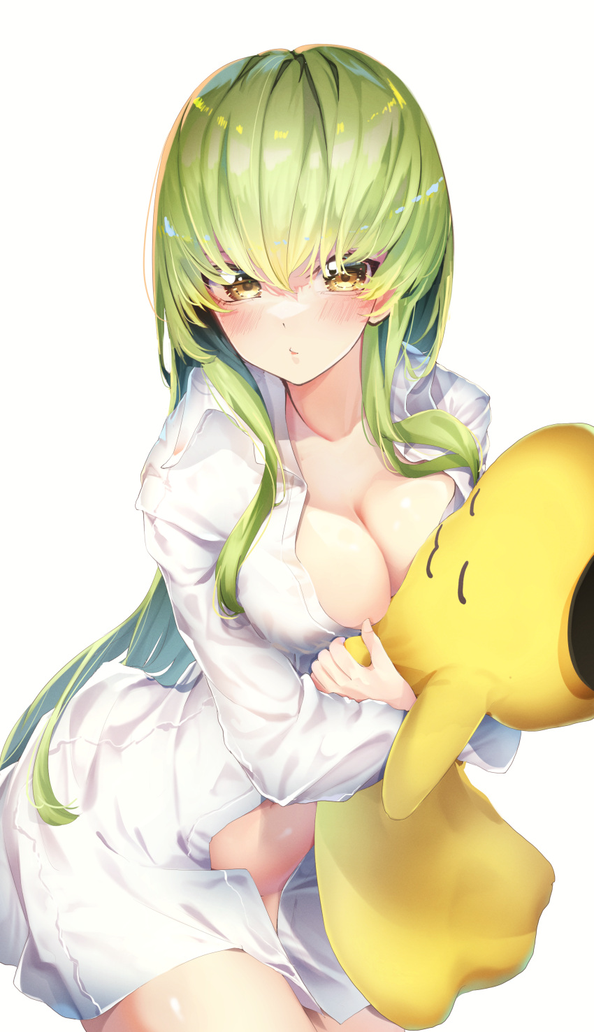 1girl absurdres alternate_breast_size blush breasts c.c. cheese-kun cleavage closed_mouth code_geass green_hair highres holding holding_stuffed_toy large_breasts long_hair looking_at_viewer no_pants shiny shiny_hair shirt simple_background solo stuffed_toy white_background white_shirt yellow_eyes yuunamida_uyu
