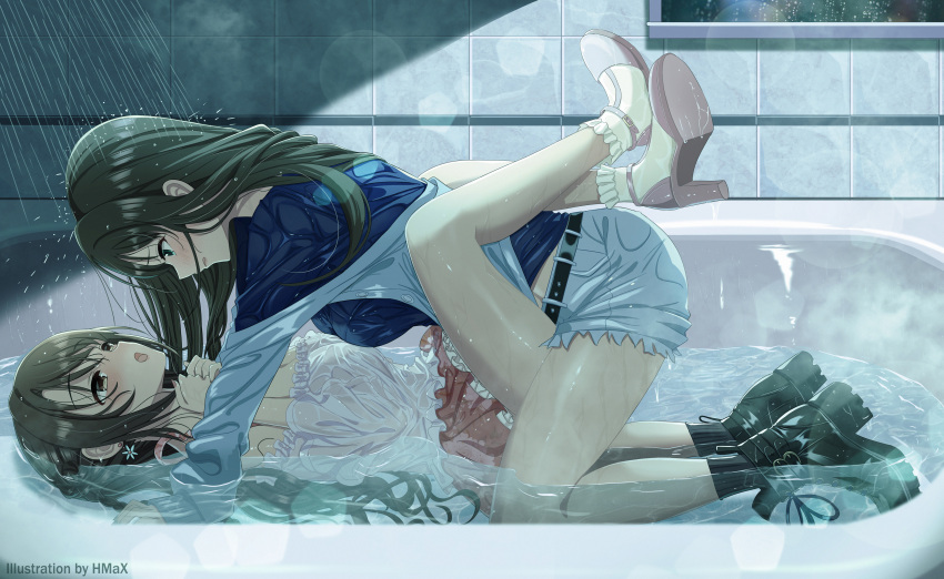 2girls absurdres artist_name bathtub black_footwear black_hair black_socks blue_cardigan blue_shirt blush boots braid breast_press breasts brown_eyes brown_hair cardigan earrings eye_contact floral_print flower_earrings french_braid frilled_shirt frills girl_on_top green_eyes green_nails highres hmax idolmaster idolmaster_cinderella_girls idolmaster_cinderella_girls_starlight_stage indoors jewelry large_breasts leg_lock legs long_hair long_sleeves looking_at_another multiple_girls nail_polish nose_blush off_shoulder open_cardigan open_clothes open_mouth parted_lips partially_submerged petticoat pink_nails pink_skirt sandals see-through shibuya_rin shimamura_uzuki shirt short_shorts shorts skirt sleeves_past_wrists socks strap_slip symmetrical_docking thighs wet wet_clothes white_shirt white_shorts white_socks yuri