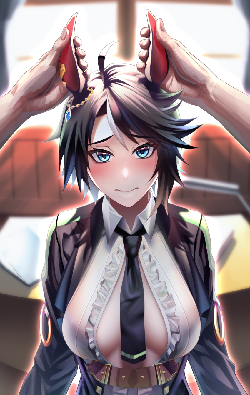 1girl ahoge animal_ears backlighting bangs black_hair black_jacket black_necktie blue_eyes blush breasts center_frills center_opening cleavage closed_mouth collared_shirt commentary_request ear_grab ear_ornament ear_piercing frilled_shirt frills fuji_kiseki_(umamusume) hair_between_eyes highres horse_ears horse_girl indoors jacket long_sleeves looking_at_viewer medium_breasts multicolored_hair necktie outline partially_unbuttoned piercing pov pov_hands shirt short_hair sidelocks solo_focus standing suwa763 table umamusume underbust upper_body white_hair white_shirt window