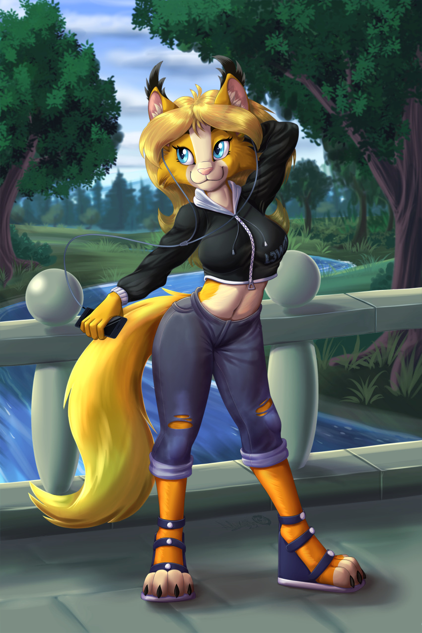 2022 anthro blue_eyes bottomwear breasts cellphone clothing denim denim_clothing earbuds felid feline female fur headphones hi_res holding_cellphone holding_object holding_phone holding_smartphone hybrid inner_ear_fluff jacket jeans lightly_breeze_(pony-way) lynx mammal midriff outside pants phone river sirzi smartphone smile solo tan_body tan_fur topwear torn_bottomwear torn_clothing torn_pants tuft yellow_body yellow_fur zipper