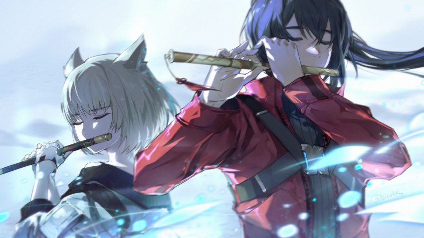 1boy 1girl absurdres animal_ears badluck bangs black_hair cat_ears english_commentary fingerless_gloves flute gloves grey_hair hair_tie highres holding holding_instrument instrument jacket long_hair long_sleeves mio_(xenoblade) music noah_(xenoblade) playing_instrument ponytail red_jacket shirt short_hair white_hair white_jacket xenoblade_chronicles_(series) xenoblade_chronicles_3