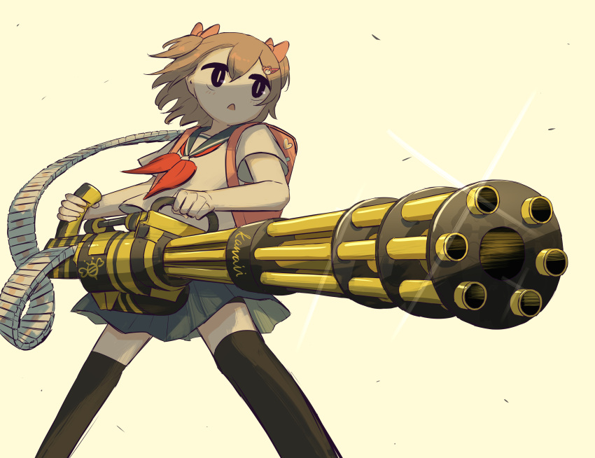 1girl absurdres avogado6 backpack bag bangs black_eyes black_thighhighs bow brown_hair child commentary gatling_gun gun hair_between_eyes hair_bow hair_ornament hairclip highres holding holding_gun holding_weapon kawaii_girl_(avogado6) neckerchief original randoseru red_neckerchief sailor_collar sailor_shirt shirt skirt slit_pupils solo teddy_bear_hair_ornament thighhighs triangle_mouth two_side_up weapon