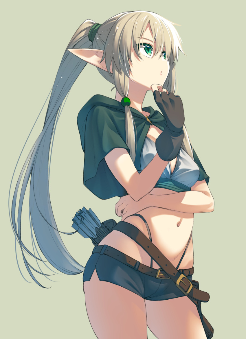 1girl akino_sora arm_under_breasts arrow_(projectile) asymmetrical_gloves bangs black_panties blonde_hair breasts capelet cleavage commentary cowboy_shot crop_top elf fingerless_gloves gloves green_eyes hair_between_eyes hair_over_eyes hair_tie hand_on_own_chin high-waist_panties highres large_ears light_particles long_hair looking_afar micro_shorts midriff navel original panties pointy_ears ponytail pursed_lips quiver short_sleeves shorts simple_background small_breasts solo underwear